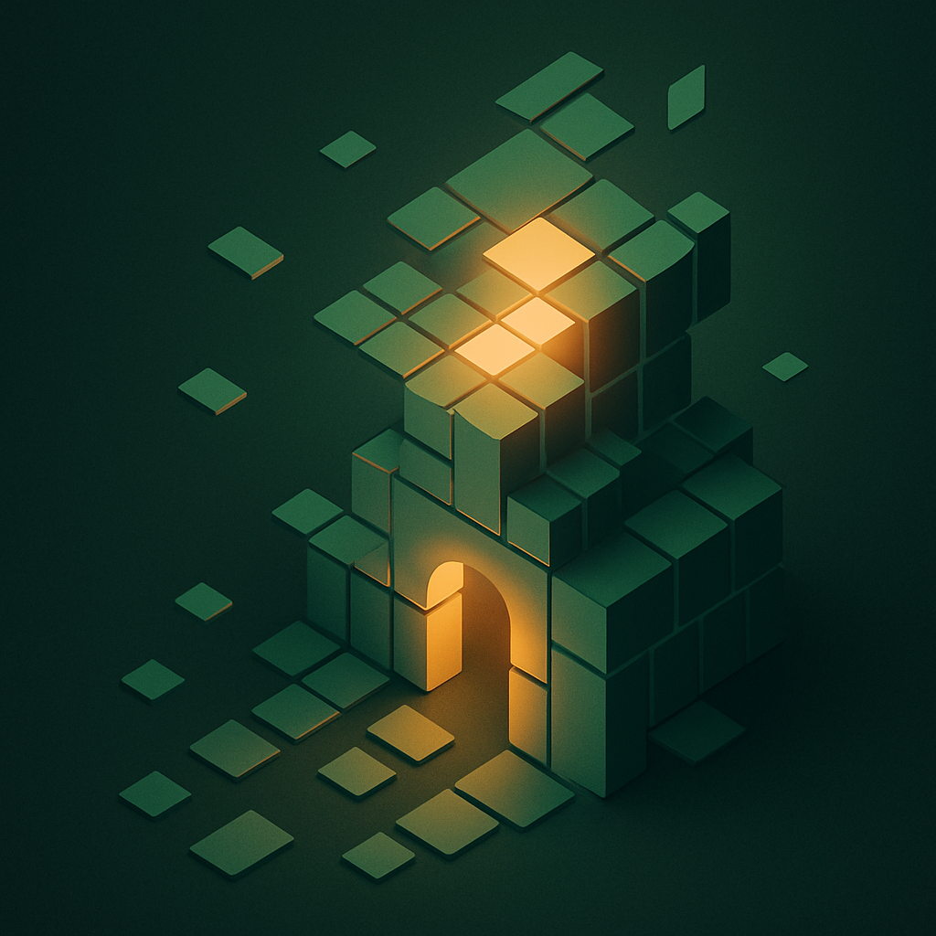 Abstract digital architecture forming itself floating green and orange geometric tiles aligning into a cohesive glowing structure against a dark background Symbolizes money savings control and new beginnings after migration Same minimalist lighting a