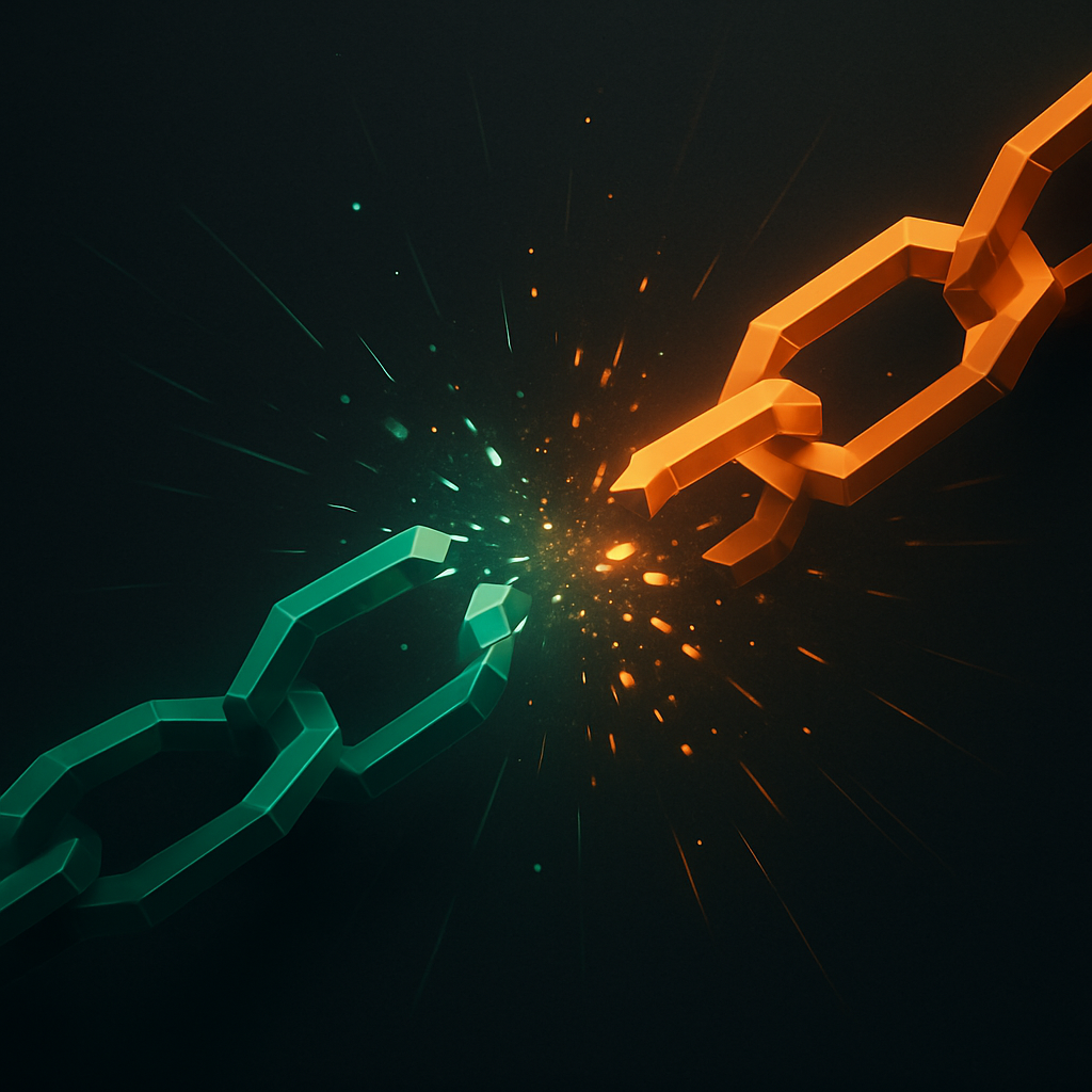 Abstract minimalist digital scene of geometric chains or polygonal links breaking apart into glowing particles of green and orange light over a dark charcoal background Motion energy radiates from the center symbolizing release and freedom from restr