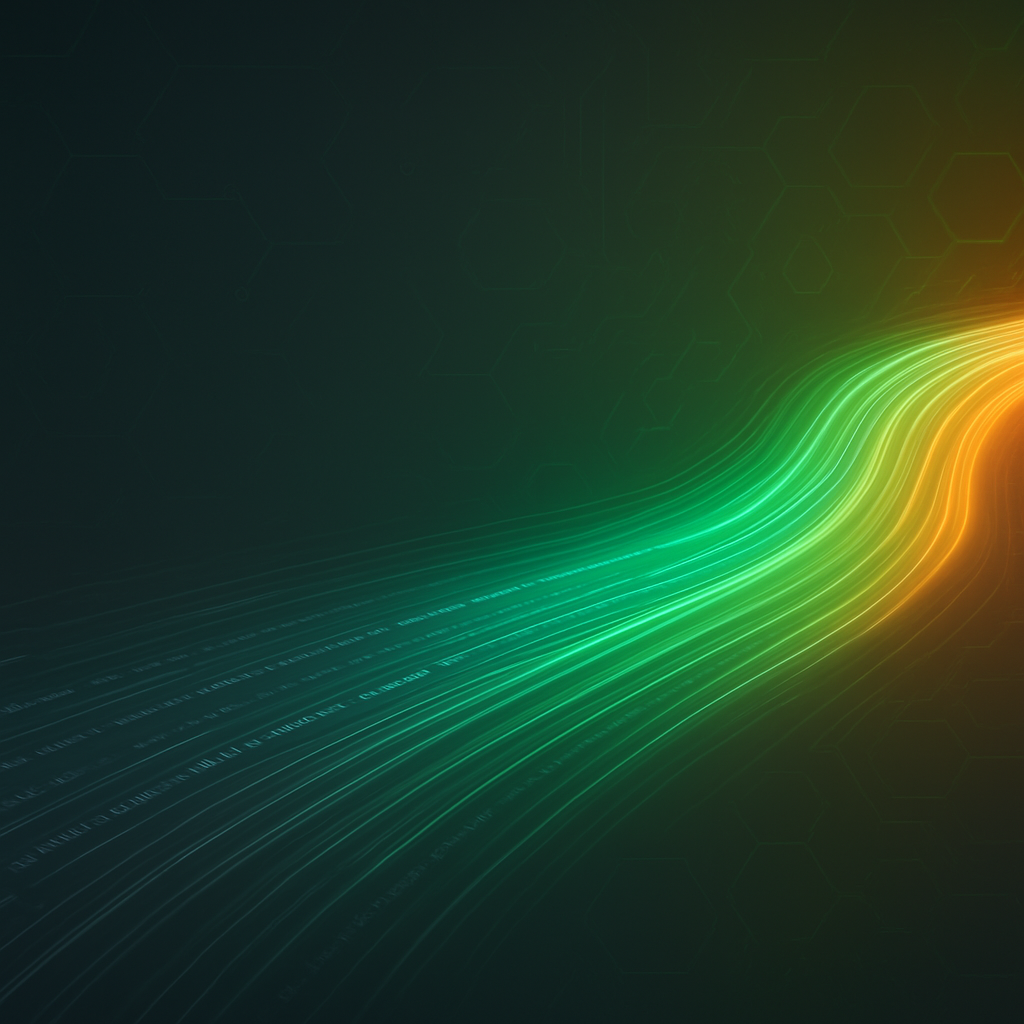 Futuristic visualization of a structured data stream or glowing path moving from dull grey on the left to vibrant green and orange on the right representing a seamless transition to a better IT environment Subtle hexagonal or circuitlike patterns in