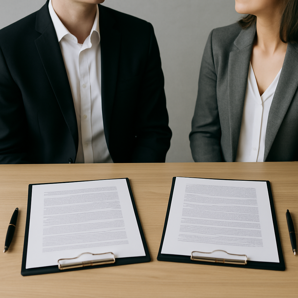 people talking over contracts without seeing the peoples faces and no hands but the contracts dont say contract on them and are turned facing the people